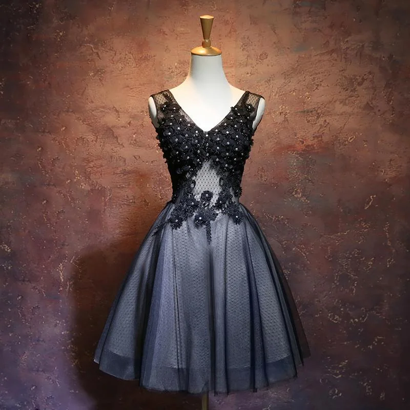 The Sale You’ve Been Waiting For!Black V-Neckline Tulle With Lace Applique Party Dress, Black Homecoming Dress cg12066 The Sale You’ve Been Waiting For!Black V-Neckline Tulle With Lace Applique Party Dress, Black Homecoming Dress cg12066