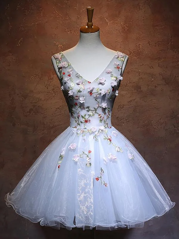 Shop Today, Save Tomorrow!Blue Organza V-Neckline Flowers Party Dress, Blue Short Dress Homecoming Dress cg13727 Shop Today, Save Tomorrow!Blue Organza V-Neckline Flowers Party Dress, Blue Short Dress Homecoming Dress cg13727