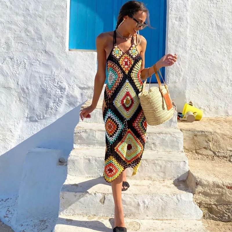 Mega Sale Happening Now!Bohemian Sleeveless Open Back Contrast Granny Square Crochet Knit Midi Dress Mega Sale Happening Now!Bohemian Sleeveless Open Back Contrast Granny Square Crochet Knit Midi Dress