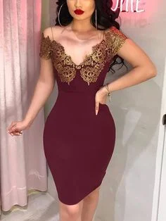 Flash Sale – Act Fast!Burgundy Patchwork Lace Off Shoulder homecoming Party Midi Dress cg5485