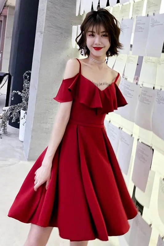 Amazing Prices You Can’t Resist!Burgundy Straps Off the Shoulder Knee Length Homecoming Dress with Ruffles   cg12677