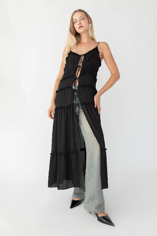 Hurry, Sale Ends Soon!SHEER TIE-FRONT TIERED MIDI DRESS