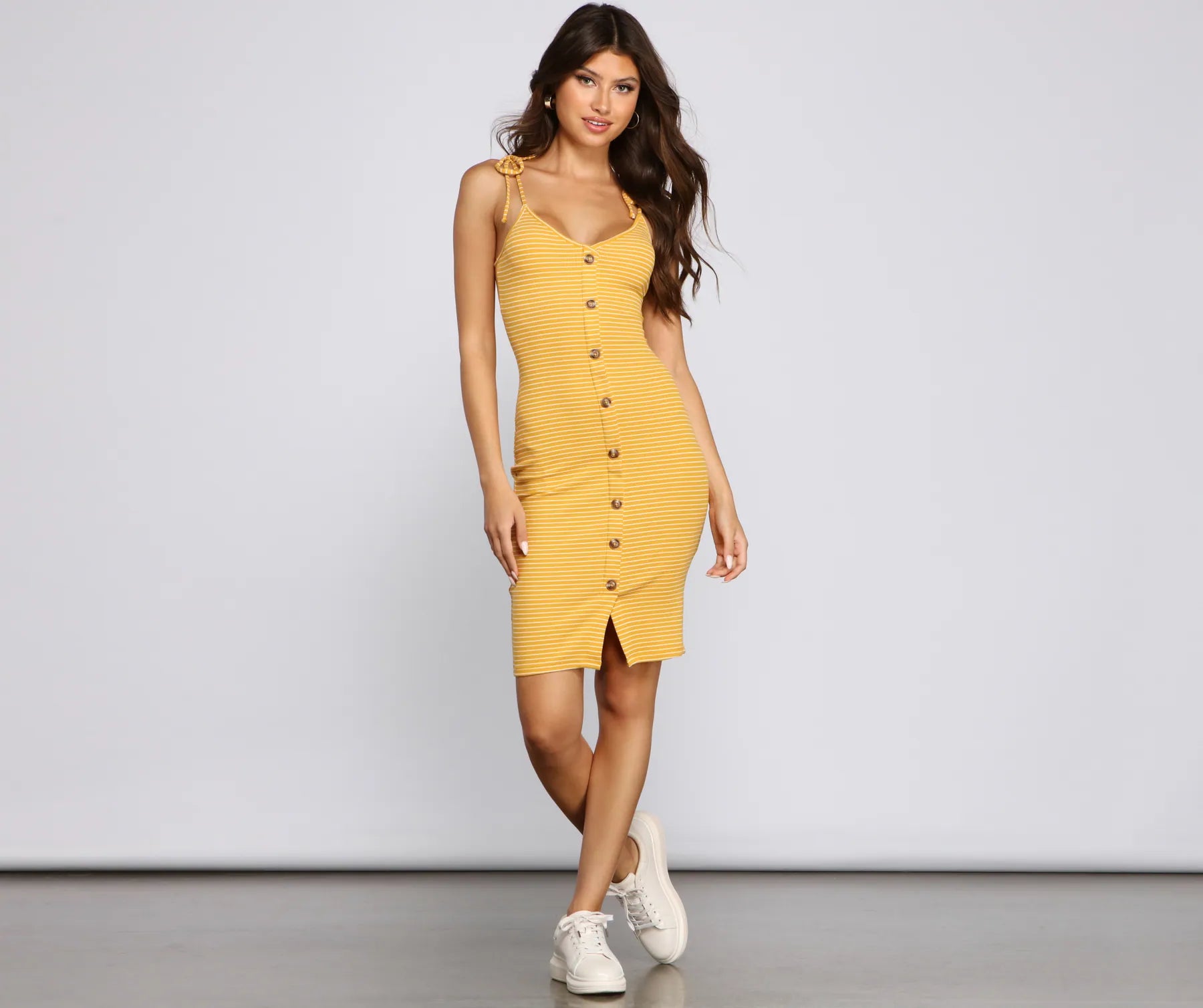 Huge Savings – Act Now!Buttoned In Sassy Stripes Midi Dress