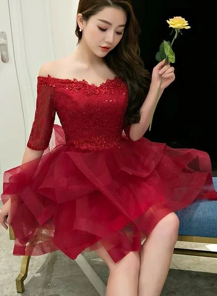 Price Drop Alert!Charming Wine Red Short Sleeves Tulle Layer Party Dress, Homecoming Dress cg12260 Price Drop Alert!Charming Wine Red Short Sleeves Tulle Layer Party Dress, Homecoming Dress cg12260