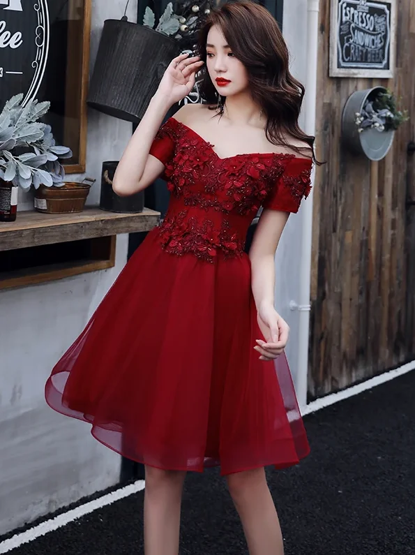 Your Best Deals Are Here!Chic Burgundy Off Shoulder Homecoming Dress   cg13257