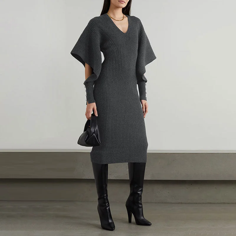Massive Price Cuts!Chic Monochrome V Neck Cutout Balloon Sleeve Rib Knit Bodycon Sweater Midi Dress Massive Price Cuts!Chic Monochrome V Neck Cutout Balloon Sleeve Rib Knit Bodycon Sweater Midi Dress