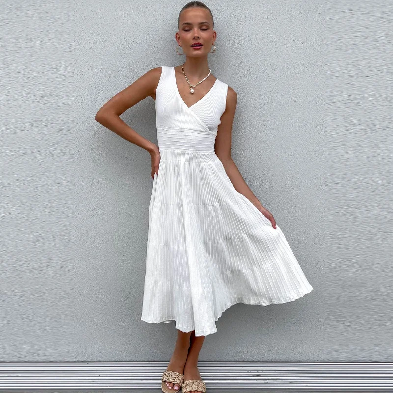 The Sale You’ve Been Waiting For!Chic V Neck Cutout Back Fit and Flare Sleeveless Rib Knit Midi Dress The Sale You’ve Been Waiting For!Chic V Neck Cutout Back Fit and Flare Sleeveless Rib Knit Midi Dress