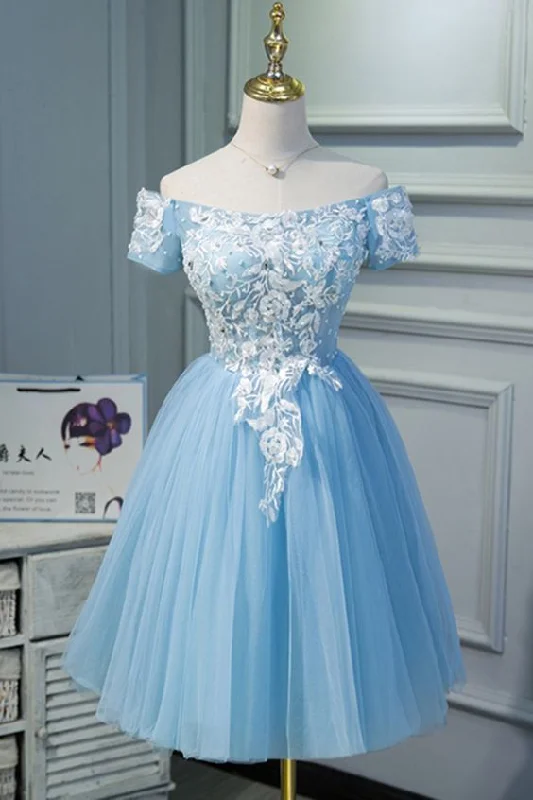 Your Dream Deal is Here!Cute Blue Tulle Off Shoulder Knee Length Homecoming Dress With Sleeves cg12286 Your Dream Deal is Here!Cute Blue Tulle Off Shoulder Knee Length Homecoming Dress With Sleeves cg12286