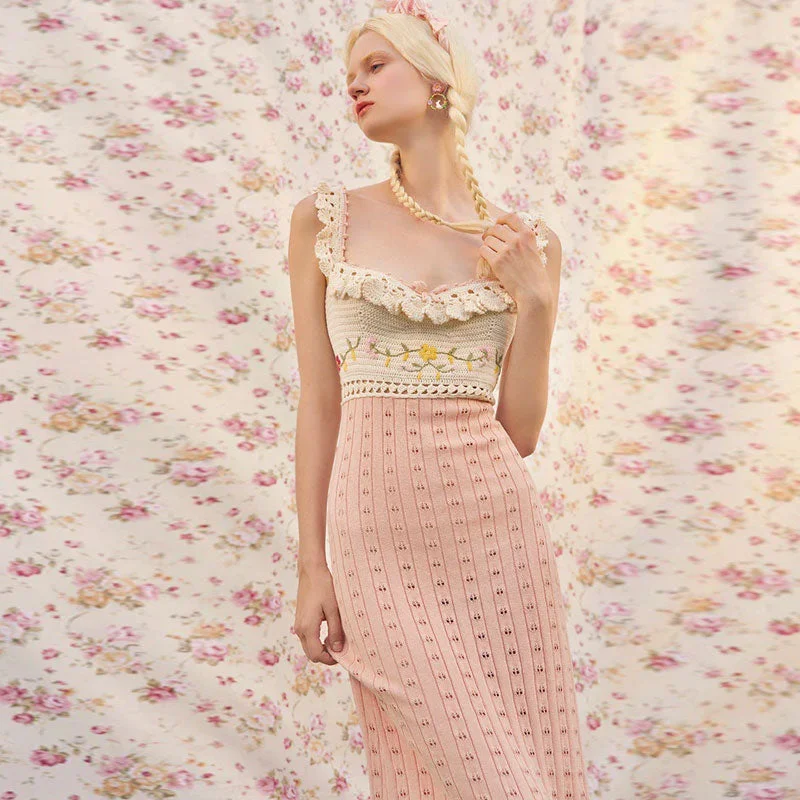 Snag the Best Prices Now!Cute Contrast Pointelle Knit Flower Embroidered Lace Up Crocheted Midi Dress Snag the Best Prices Now!Cute Contrast Pointelle Knit Flower Embroidered Lace Up Crocheted Midi Dress