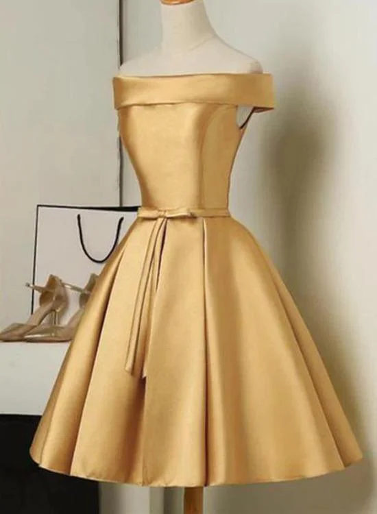 Your Shopping Wish, Our Discount Command!Cute Golden Satin Knee Length Off Shoulder Dress, Short Homecoming Dress cg13132 Your Shopping Wish, Our Discount Command!Cute Golden Satin Knee Length Off Shoulder Dress, Short Homecoming Dress cg13132