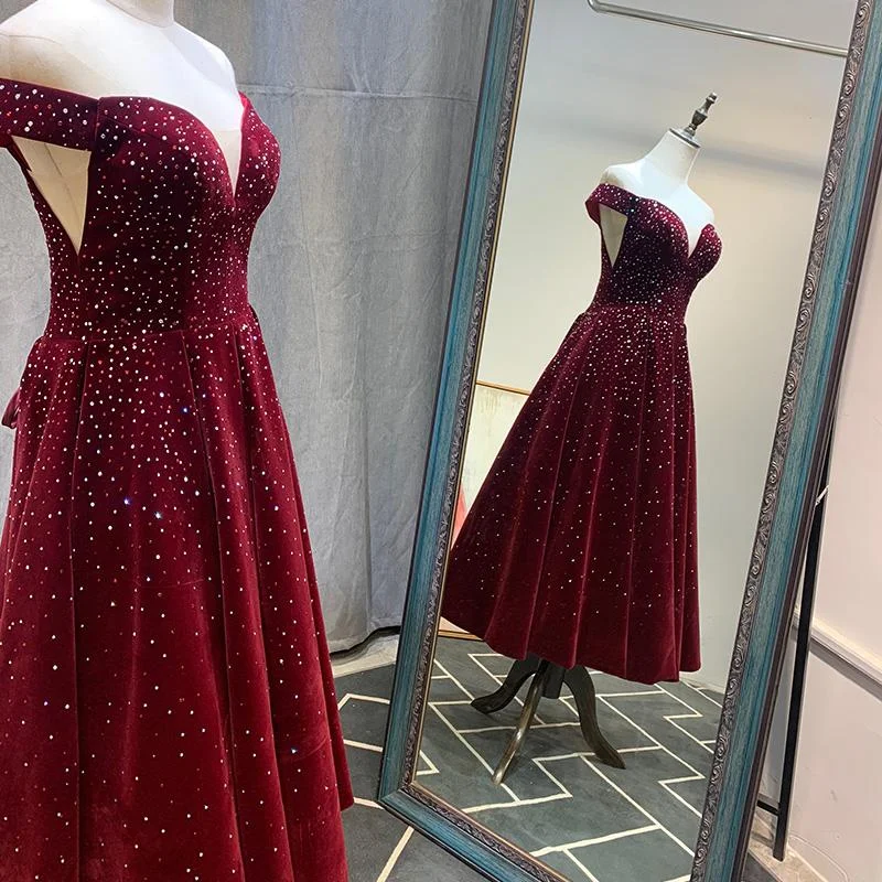 Best Deals Just for You!Cute Off Shoulder Velvet Tea Length Beaded Homecoming Dress cg12178 Best Deals Just for You!Cute Off Shoulder Velvet Tea Length Beaded Homecoming Dress cg12178