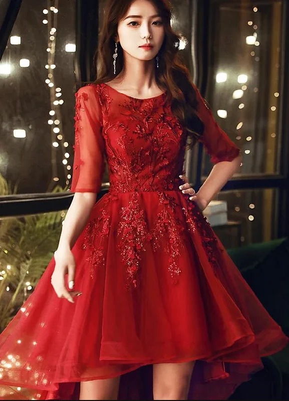 Limited Deals, Unlimited Savings!Dark Red High Low Tulle Short Sleeves Flowers Party Dress, Homecoming Dress cg12691 Limited Deals, Unlimited Savings!Dark Red High Low Tulle Short Sleeves Flowers Party Dress, Homecoming Dress cg12691