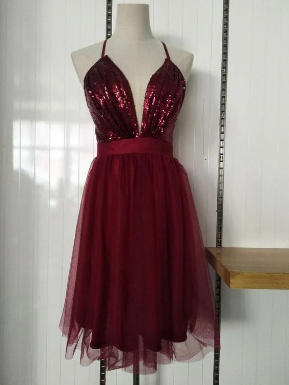 Flash Deals – Act Quickly!Dark Red Sequins Halter V-neckline Tulle Party Dress, Short Homecoming Dresses cg12266 Flash Deals – Act Quickly!Dark Red Sequins Halter V-neckline Tulle Party Dress, Short Homecoming Dresses cg12266