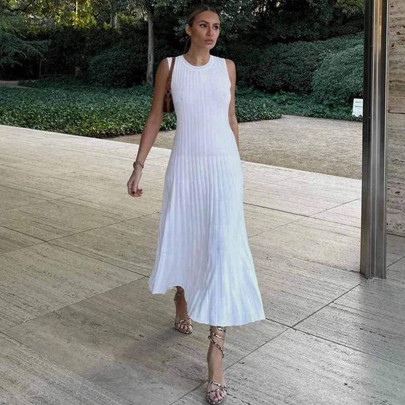 Limited-Time Price Drop!Elegant White Crew Neck Sleeveless Rib Knit Fitted Midi Dress Limited-Time Price Drop!Elegant White Crew Neck Sleeveless Rib Knit Fitted Midi Dress
