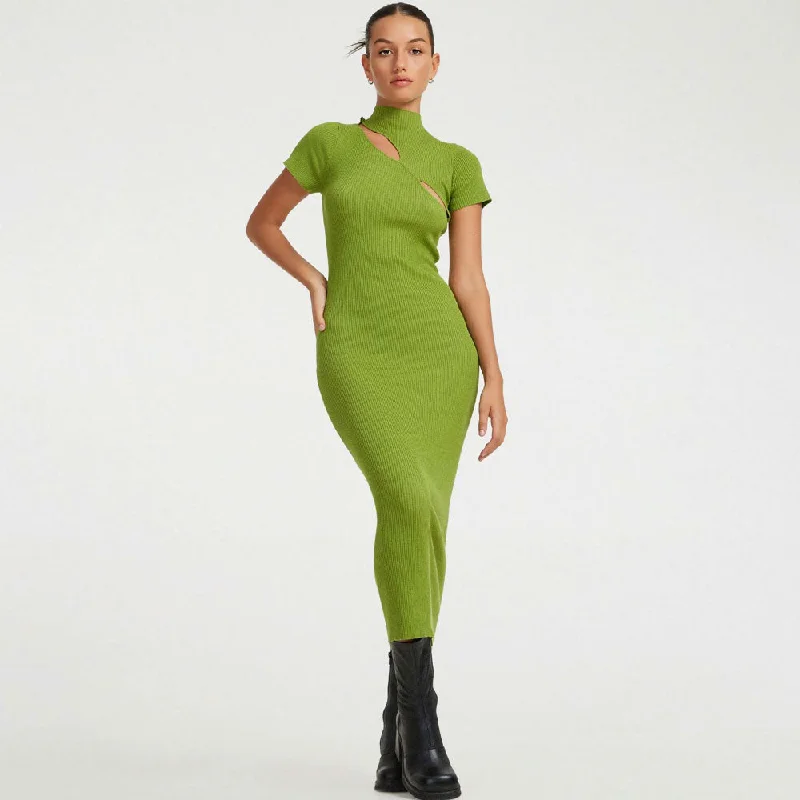 Act Fast – Limited Time Savings!Feminine Lime Green Cut Out Front High Neck Short Sleeve Rib Knit Midi Dress Act Fast – Limited Time Savings!Feminine Lime Green Cut Out Front High Neck Short Sleeve Rib Knit Midi Dress