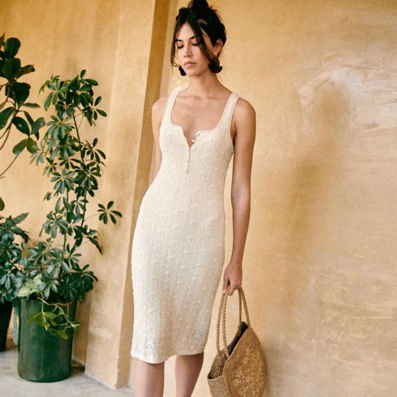 Only a Few Left – Order Now!Feminine Scoop Neck Sleeveless Half Button Pointelle Knit Midi Dress