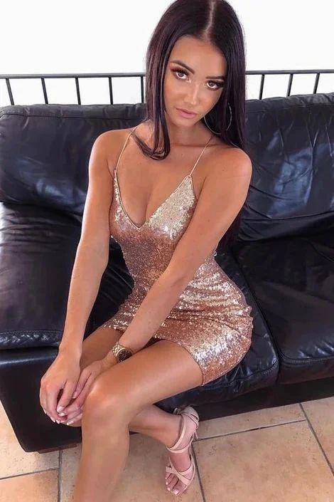 Your Exclusive Offer Awaits!Fitted Bodycon Sequins Gold Homecoming Dress   cg12905