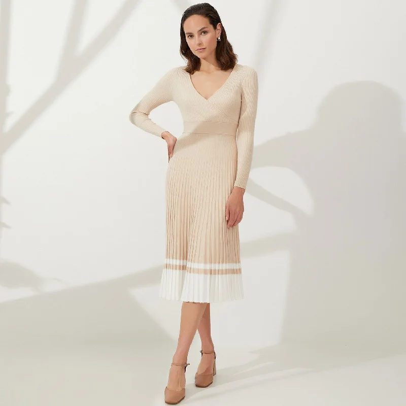 New Discounts Just Dropped!Flirty V Neck Fit and Flare Pleated Contrast Striped Rib Knit Midi Dress