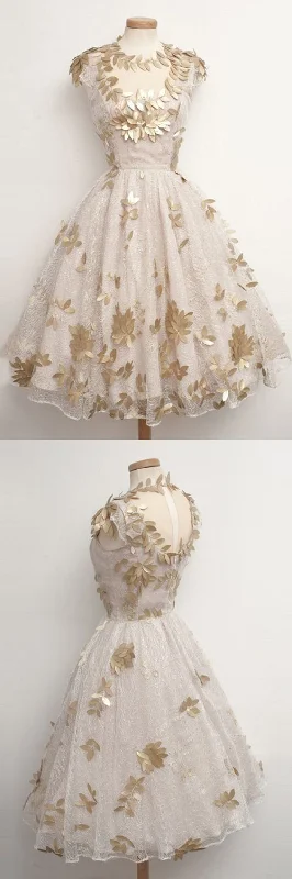 Lowest Prices Guaranteed!Glamorous Tea Length Cap Sleeves Ivory Homecoming Dress with Gold Pattern cg11983 Lowest Prices Guaranteed!Glamorous Tea Length Cap Sleeves Ivory Homecoming Dress with Gold Pattern cg11983