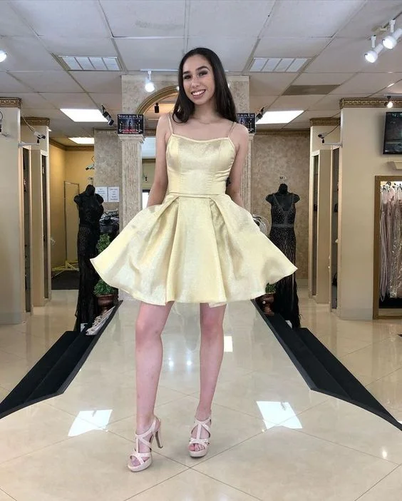 Stock Up and Save!Gold Short A-line Homecoming Dress with Spaghetti Straps   cg11973