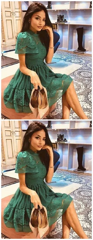 Score Huge Discounts Today!Green Lace A-Line High Neck Short Sleeves , Homecoming Dress cg14195 Score Huge Discounts Today!Green Lace A-Line High Neck Short Sleeves , Homecoming Dress cg14195