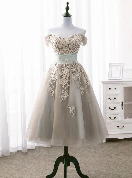 Shop Early, Save Big!Light Champagne Vintage Style Tea Length Off Shoulder Party Dress, Bridesmaid Dress Homecoming Dress cg13899 Shop Early, Save Big!Light Champagne Vintage Style Tea Length Off Shoulder Party Dress, Bridesmaid Dress Homecoming Dress cg13899