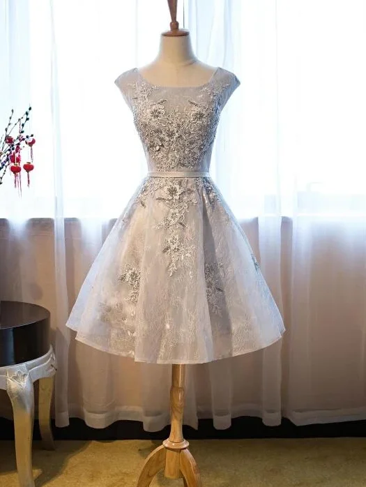 Get More for Less!Light Grey Lace Short Homecoming Dress With Applique   cg12003