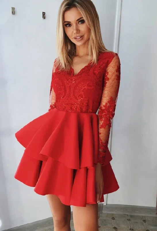 Unlock Huge Savings Now!Long Sleeves Red Lace Formal Graduation Homecoming Dress cg13224 Unlock Huge Savings Now!Long Sleeves Red Lace Formal Graduation Homecoming Dress cg13224