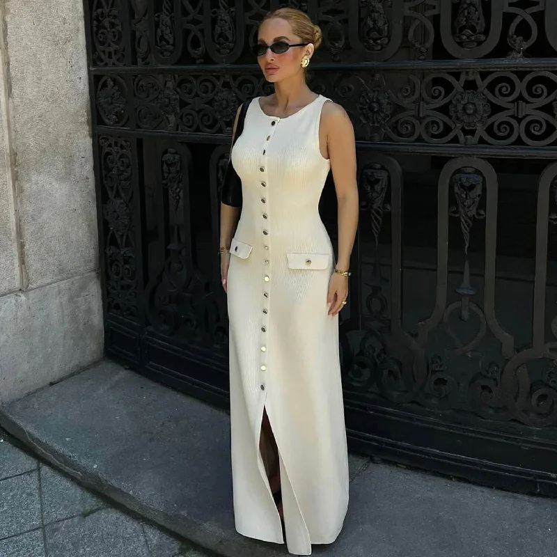 Exclusive Savings This Week!Minimalist Crew Neck Button Down Ribbed Knit Sleeveless Sweater Midi Dress