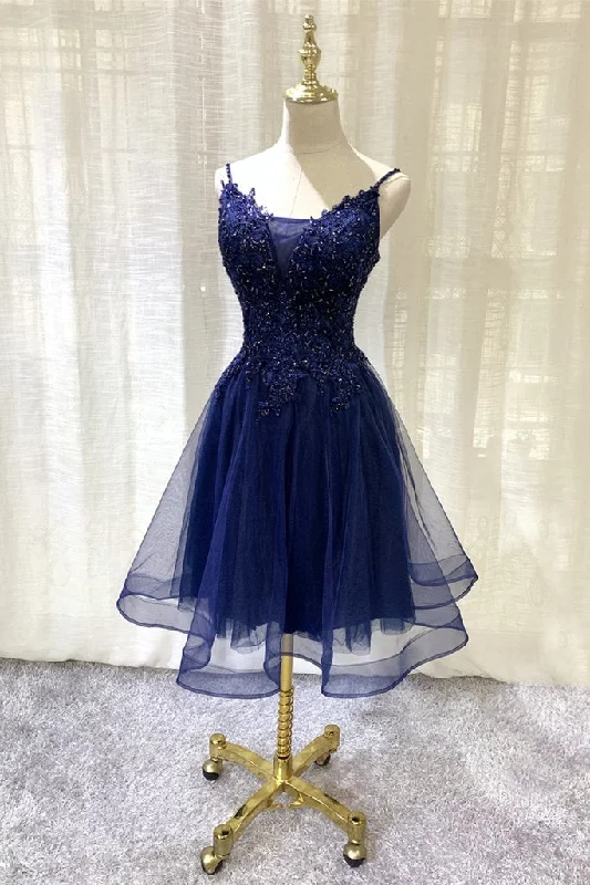 Unbeatable Prices!Navy Blue V-Neckline Tulle Short Homecoming Dress, Lace Applique Short Party Dress cg13782 Unbeatable Prices!Navy Blue V-Neckline Tulle Short Homecoming Dress, Lace Applique Short Party Dress cg13782