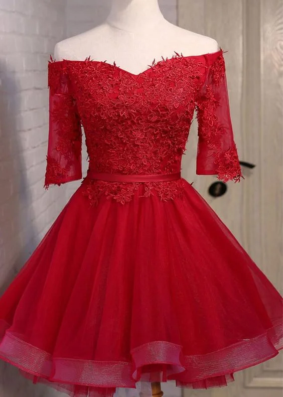 Savings You Can’t Ignore!Off Shoulder Short Sleeve Red Lace Cute Homecoming Dress cg12265 Savings You Can’t Ignore!Off Shoulder Short Sleeve Red Lace Cute Homecoming Dress cg12265
