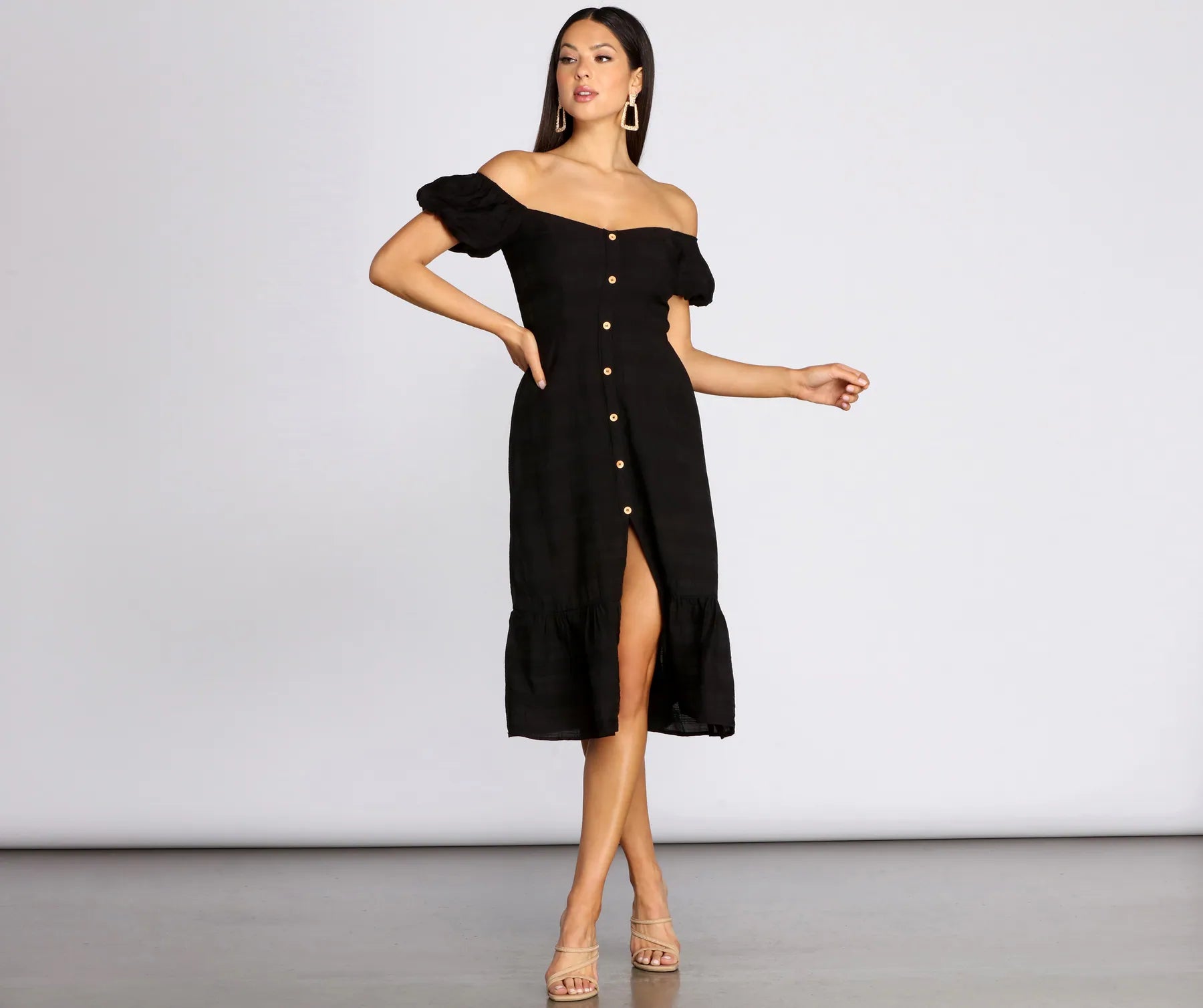 Your Shopping Spree Starts Here!Off The Shoulder Button Front Midi Dress