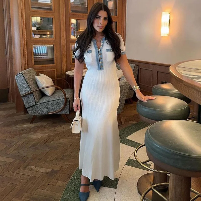 Today Only – Don’t Miss It!Perforated Crew Neck Half Button Short Sleeve Denim Panel Sweater Midi Dress Today Only – Don’t Miss It!Perforated Crew Neck Half Button Short Sleeve Denim Panel Sweater Midi Dress