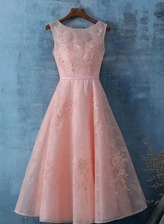 Unbeatable Prices!Pink Lace Tea Length Simple Bridesmaid Dress Homecoming Dress cg12023 Unbeatable Prices!Pink Lace Tea Length Simple Bridesmaid Dress Homecoming Dress cg12023