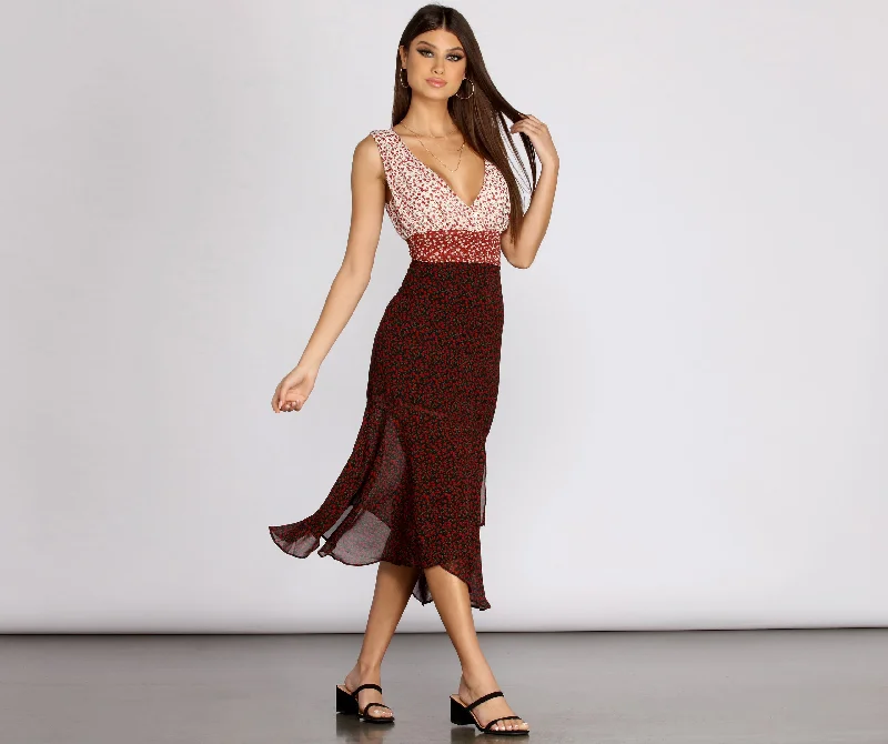 Flash Deals – Act Quickly!Pop Of Color Block Ditsy Floral Midi Dress