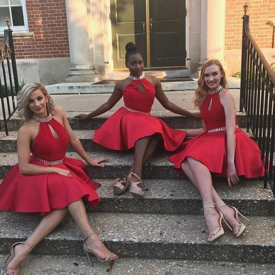 Unlock Huge Savings Now!Red Satin Crystal Halter Sashes Homecoming Dresses Short    cg12564