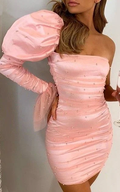 Save Up to 50% Off!Rose Pink Sexy Body con One Shoulder Tight Fitted Short Dress Homecoming Dresses cg13014 Save Up to 50% Off!Rose Pink Sexy Body con One Shoulder Tight Fitted Short Dress Homecoming Dresses cg13014
