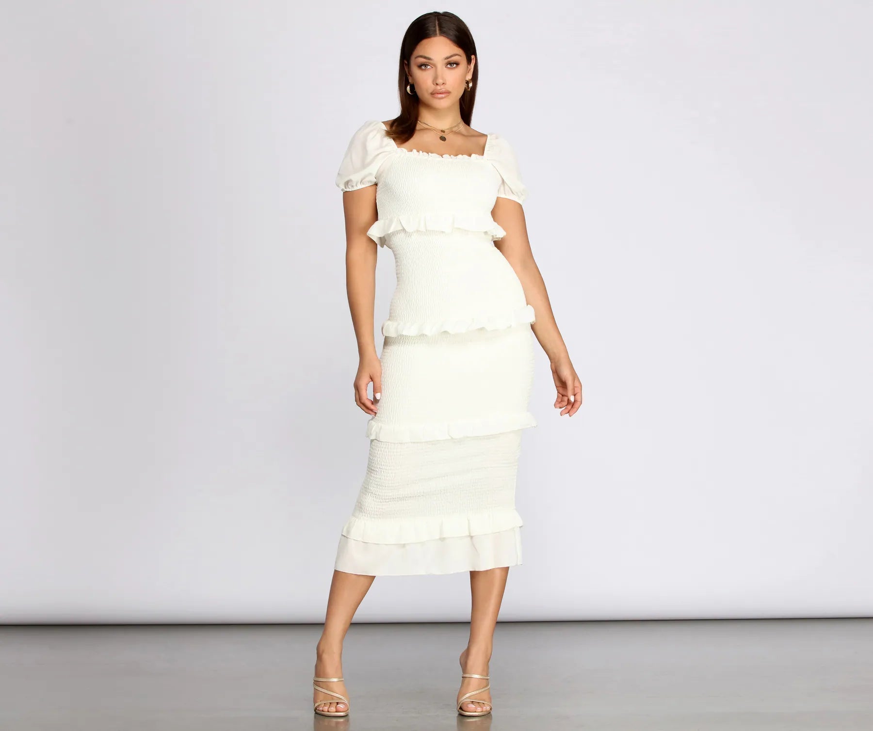 Special Offer – Act Fast!Ruffle Square Neck Smocked Midi Dress