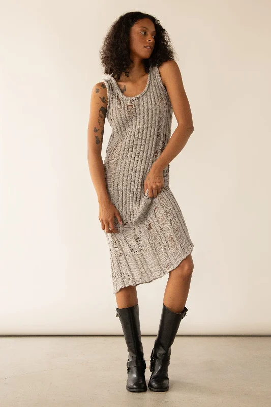 Hot Deals You Can’t Resist!SLEEVELESS RIB-KNIT DISTRESSED MIDI DRESS