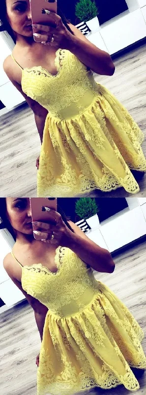 Instant Savings Await!Spaghetti Straps Yellow Lace Short Homecoming Dress    cg13278