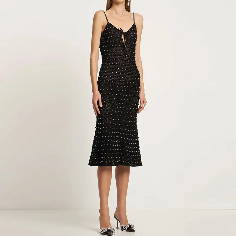 Get More for Less!Sparkly Crystal Embellished Cami Keyhole Cutout Black Openwork Knit Midi Dress Get More for Less!Sparkly Crystal Embellished Cami Keyhole Cutout Black Openwork Knit Midi Dress