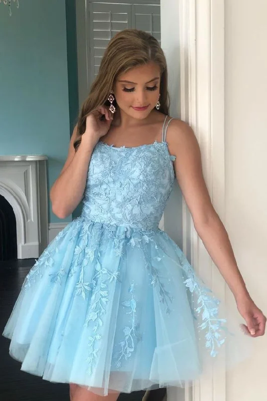 Special Discounts Inside!Straps Lace Applique Blue Homecoming Dress   cg13048