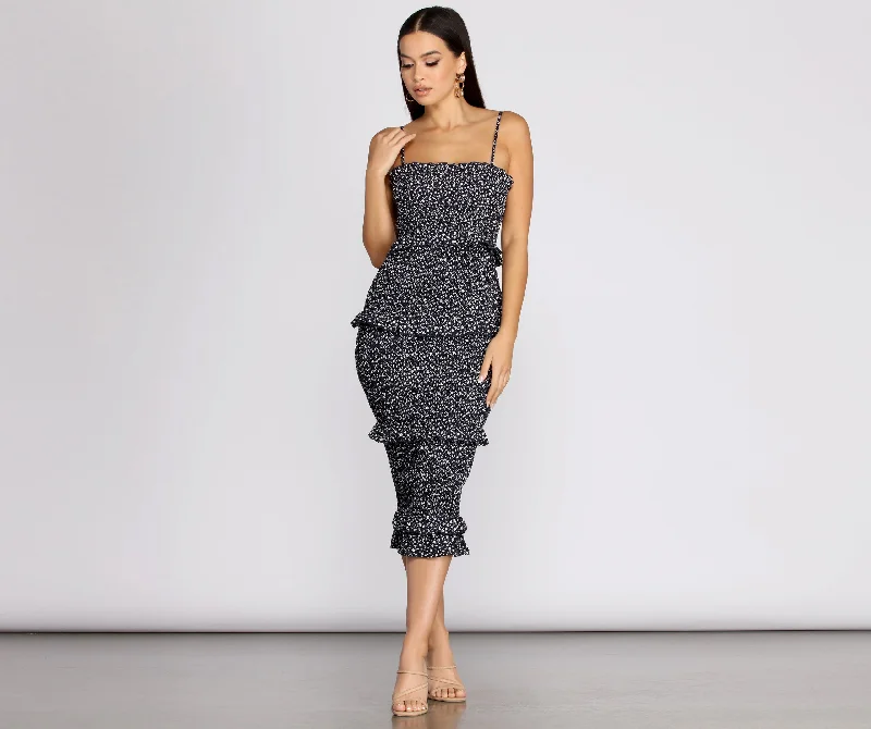 Limited Edition, Limited Price!Sweet & Smocked Ditsy Ruffle Midi Dress