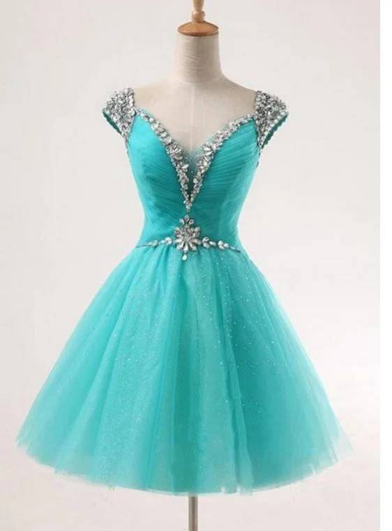 Huge Savings – Act Now!Teal V-neck A-line Short Tulle Beaded Homecoming Dresses cg14140 Huge Savings – Act Now!Teal V-neck A-line Short Tulle Beaded Homecoming Dresses cg14140