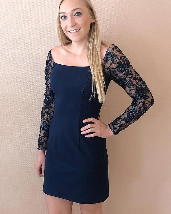 Exclusive Savings This Week!Tight Square Navy Blue Satin Homecoming Dress with Lace Long Sleeves cg11979 Exclusive Savings This Week!Tight Square Navy Blue Satin Homecoming Dress with Lace Long Sleeves cg11979