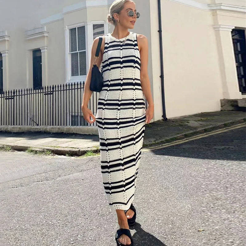 Save More When You Shop More!Trendy Black Striped Crew Neck Sleeveless Crochet Pointelle Knit Midi Dress Save More When You Shop More!Trendy Black Striped Crew Neck Sleeveless Crochet Pointelle Knit Midi Dress