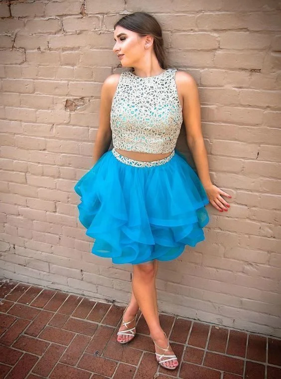 Steals and Deals Await!Two Piece Short Blue Tulle Lace Homecoming Dress   cg13481