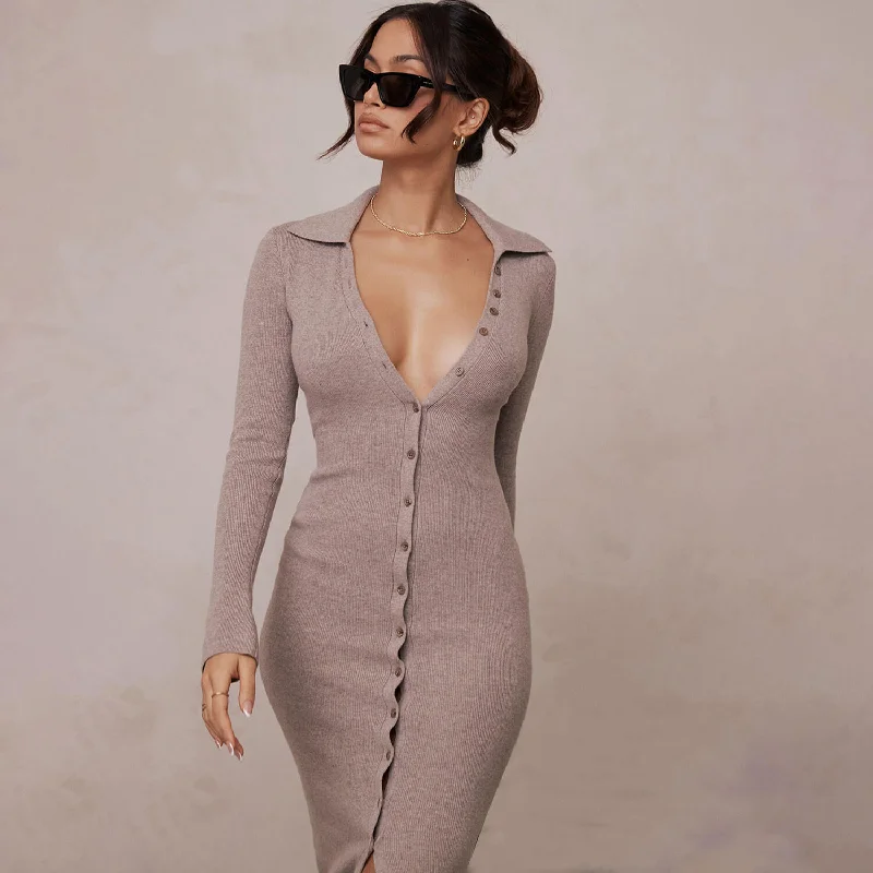 Huge Price Cuts Await!Versatile Spread Collar Button Up Sleeved Rib Knit Slim Sweater Midi Dress