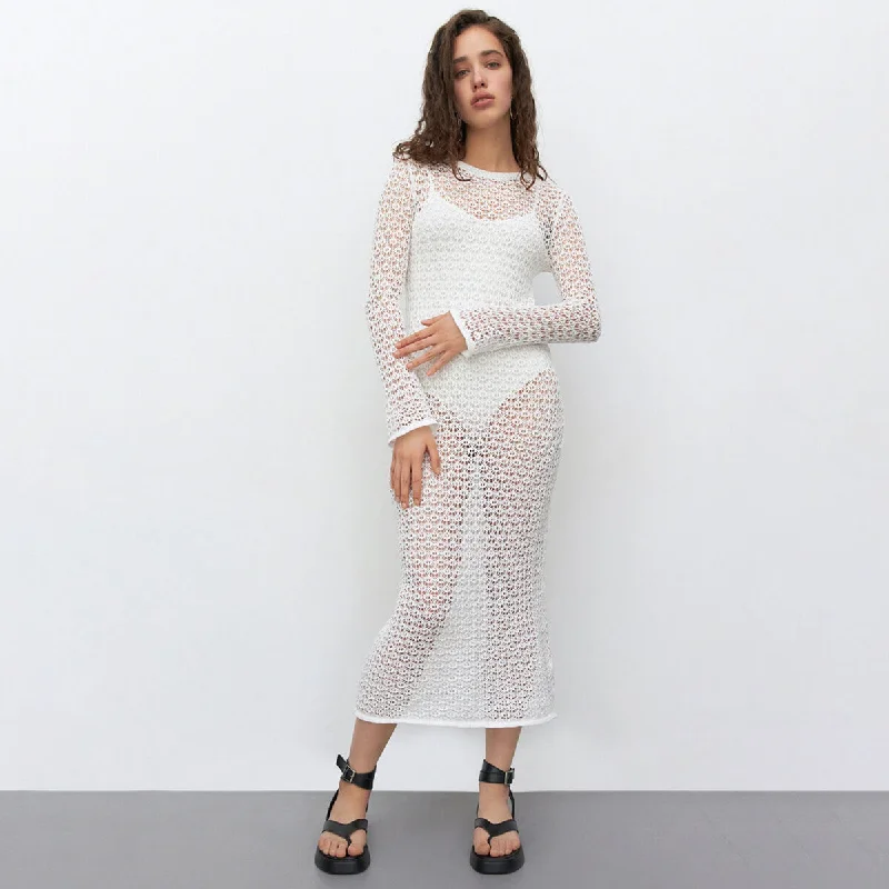 Enjoy Huge Discounts Now!Vintage Crew Neck Long Sleeve Sheer Openwork Crochet Knit Midi Dress Enjoy Huge Discounts Now!Vintage Crew Neck Long Sleeve Sheer Openwork Crochet Knit Midi Dress