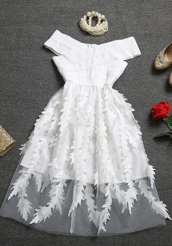 Shop Early, Save Big!White Floral Patchwork Tulle Bandage Off Shoulder Homecoming Party Flowy Midi Dress   cg10423